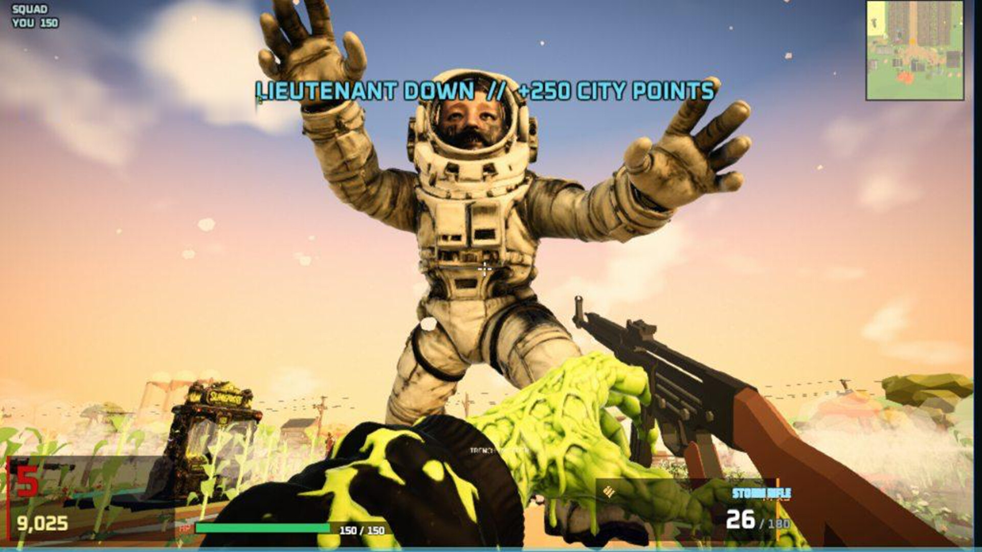 Left4Sol action screenshot: an astronaut enemy and first-person combat under an orange sky.